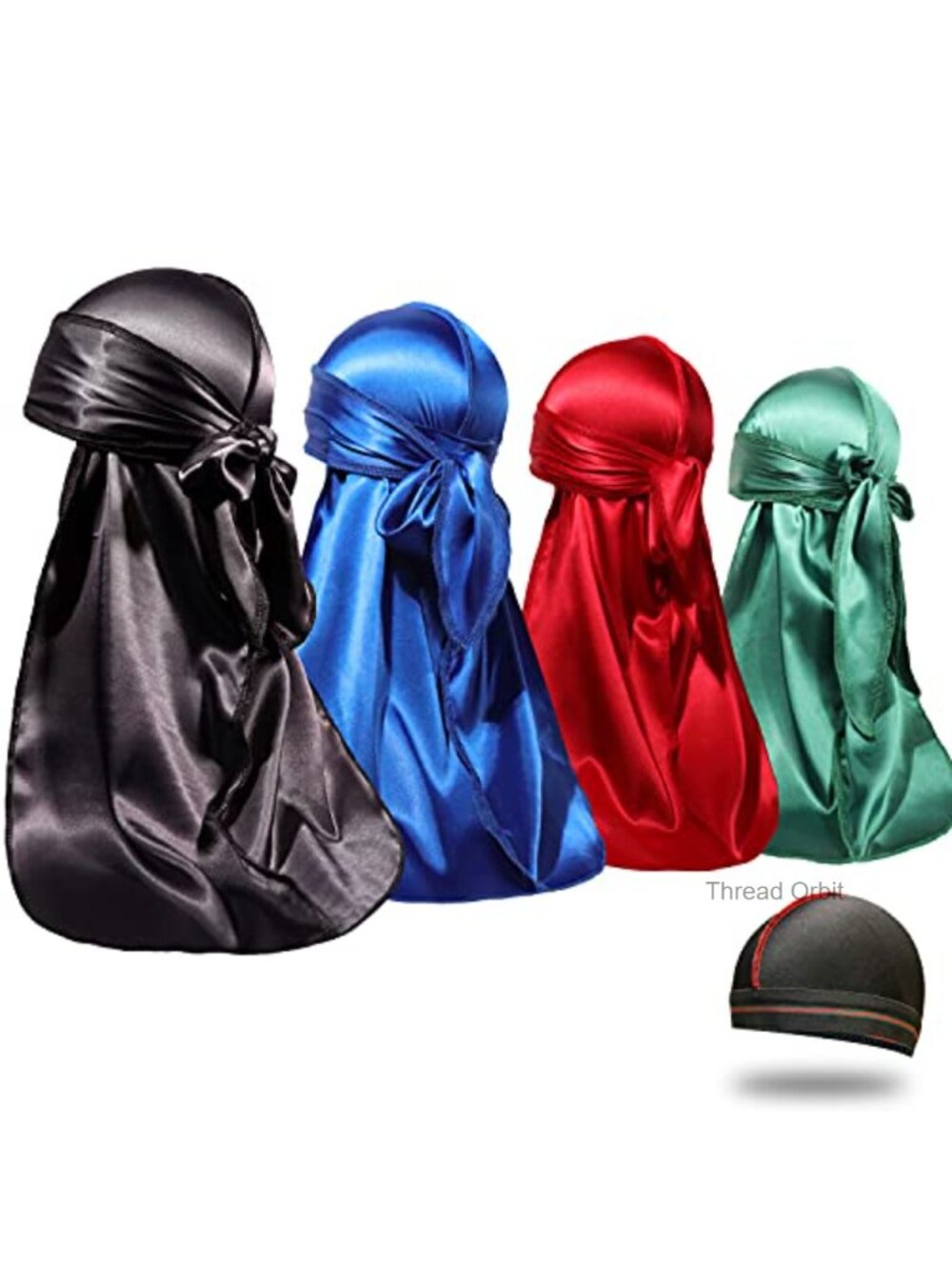 Silky Satin Durag 4 Pack with Wave Cap, 360 Waves, Satin Moisture-Tech